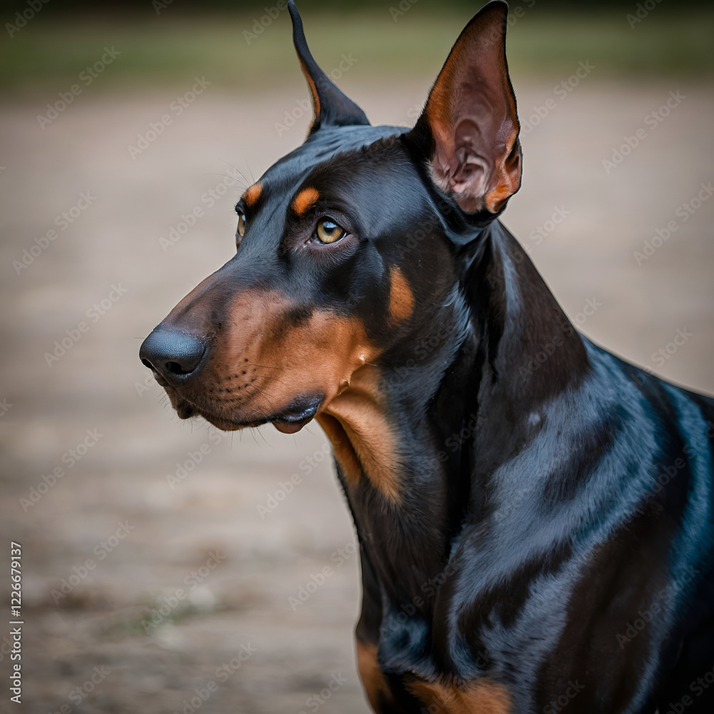 Doberman dog portrait, alert expression, standing on a blurred background Doberman dog portrait, alert expression, standing on a blurred background