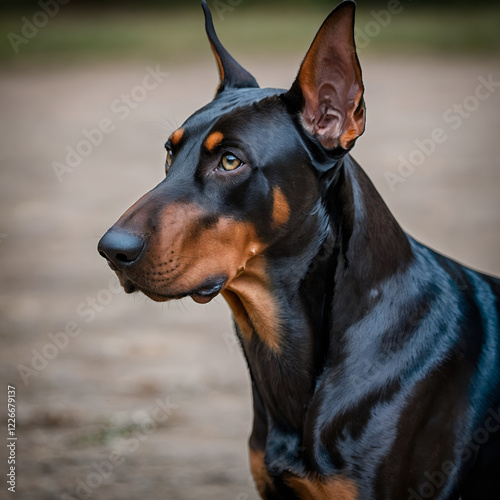 Doberman dog portrait, alert expression, standing on a blurred background