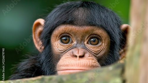 Young chimpanzee peering from behind a tree trunk in a lush green forest; wildlife conservation photo