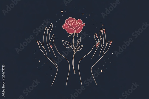 Linear minimalist vector concept with rose-adorned hands for cosmetics or beauty items