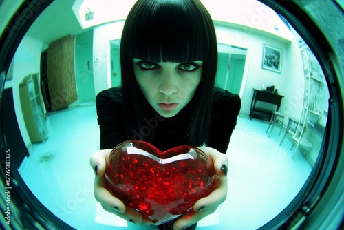Sign of love and affection. Adult valentine's day greeting card: midlife woman with upset face holds red heart in hands. Commercial creative. Romantic holiday concepts. photo