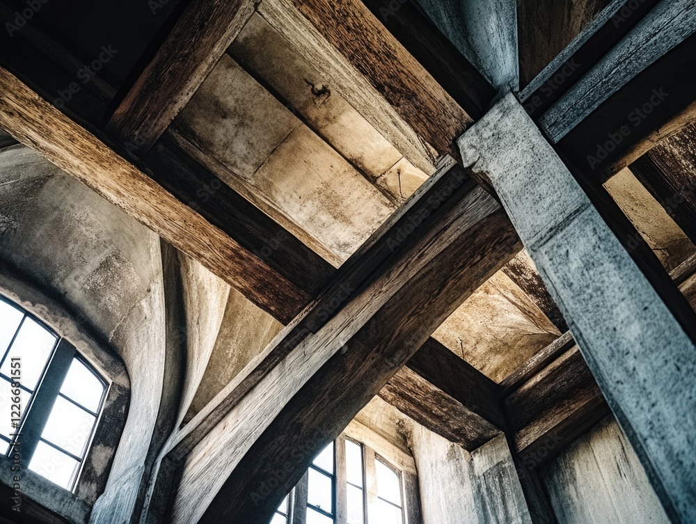 A large, empty room with wooden beams and concrete pillars. The beams are visible from the floor up, and the pillars are visible from the ceiling down. The room has a very industrial A large, empty room with wooden beams and concrete pillars. The beams are visible from the floor up, and the pillars are visible from the ceiling down. The room has a very industrial