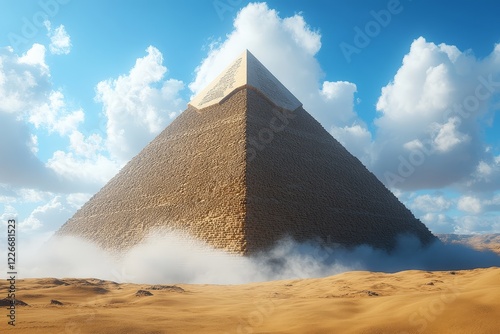 3D rendering of a pyramid in the desert with a single cloud floating above it, resembling the Egyptian pyramids. photo