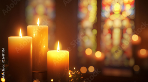 Wallpaper Mural Burning Candles Peaceful Atmosphere Warm Light Church Stained Glass Background Soft Golden Yellow    Torontodigital.ca