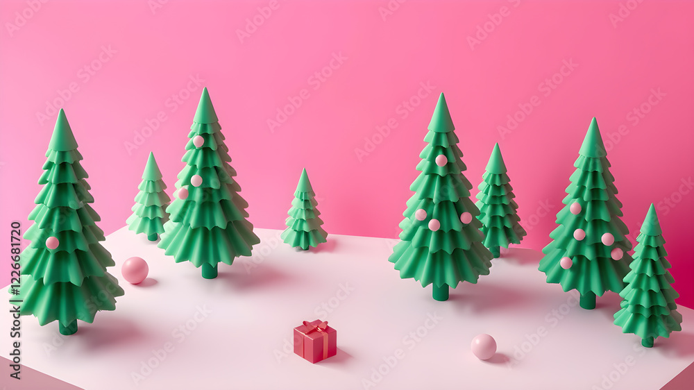 Cute isometric 3D image of magenta background and christmas trees. Generative AI Cute isometric 3D image of magenta background and christmas trees. Generative AI