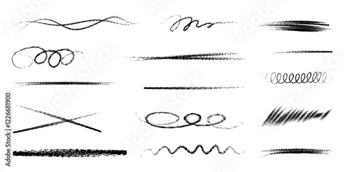 Hand drawn crayon brush set. Underline elements in doodle style. Collection of lines, wavy chalk scribble, colors highlight pencil. Grunge kids brushstroke for sketch. Isolated vector illustration.