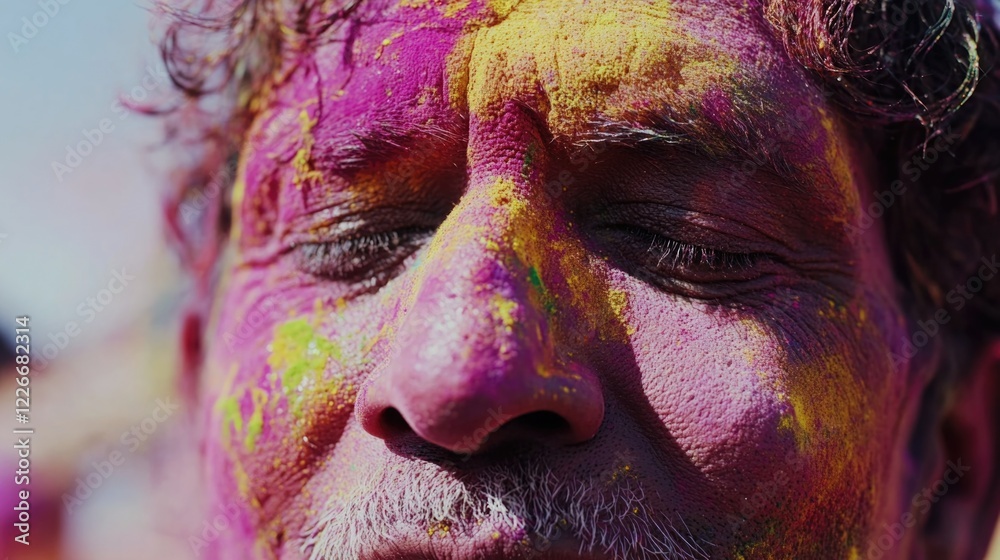 A man with a beard and a colorful face paint. He is looking at the camera. The man is wearing a colorful face paint, which makes him look happy and cheerful A man with a beard and a colorful face paint. He is looking at the camera. The man is wearing a colorful face paint, which makes him look happy and cheerful