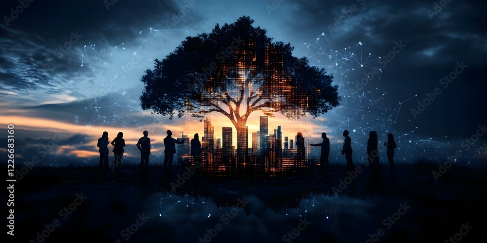 A silhouette of people around a digital tree, with a city skyline in the background and a sunset, symbolizing technology and nature. Concept Digital Nature Fusion, Urban Skyline, Sunset Silhouettes A silhouette of people around a digital tree, with a city skyline in the background and a sunset, symbolizing technology and nature. Concept Digital Nature Fusion, Urban Skyline, Sunset Silhouettes