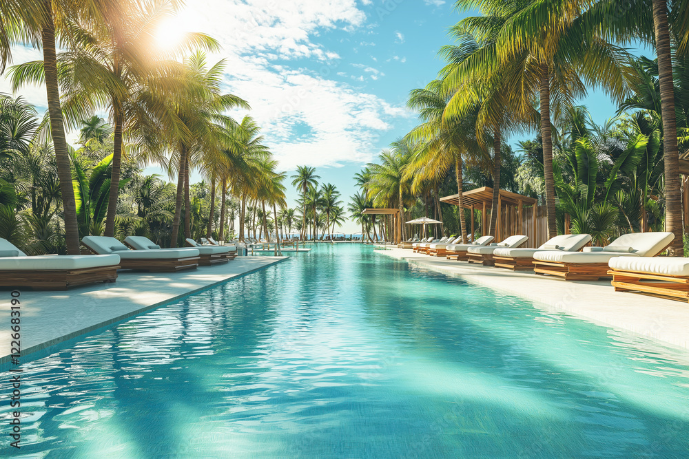Fototapeta premium Beach Resort. Infinity Pool and Palm Trees
