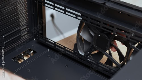 A computer technician unscrews a screw that secures a fan to a PC case. Assemble a computer system unit into a modern workstation. Upgrading rendering and gaming computer hardware components