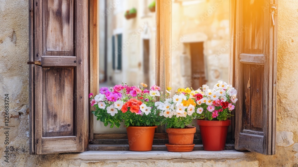 Fototapeta premium Vibrant flowers in full bloom on a rustic wooden window ledge, overlooking a cobblestone street in an old European city