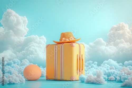 3D render of a yellow suitcase with a beach ball and sun hat on a light blue background with clouds, minimal style, summer vacation concept. photo