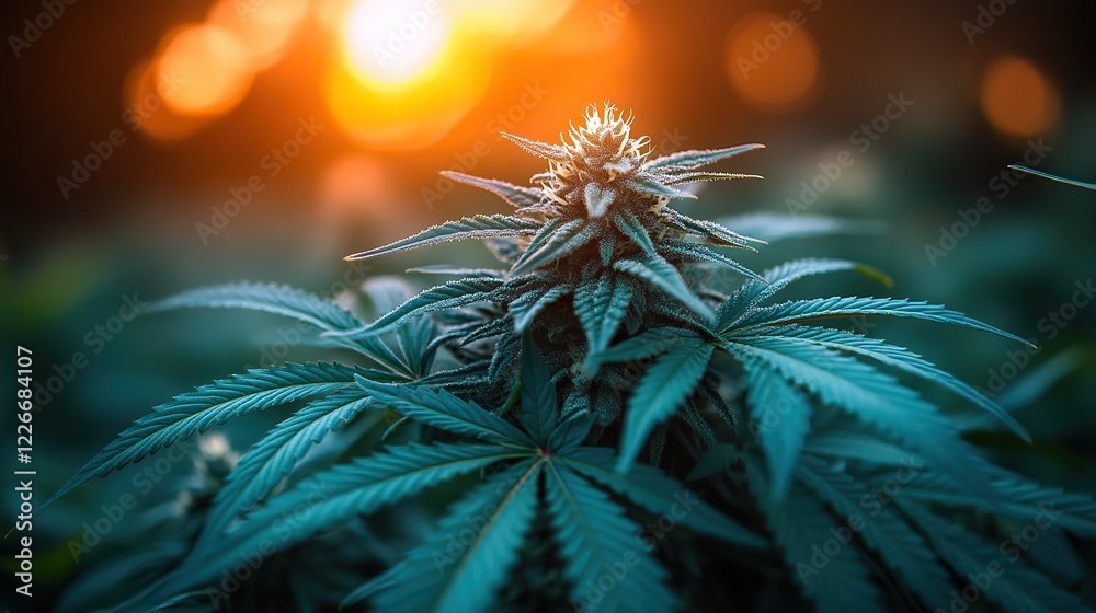Obraz premium A lush cannabis field illuminated by golden sunset light is ideal for wellness promotions, agricultural themes, and organic farming concepts.