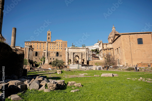 Ancient ruins and historic buildings in the Roman Forum, Rome