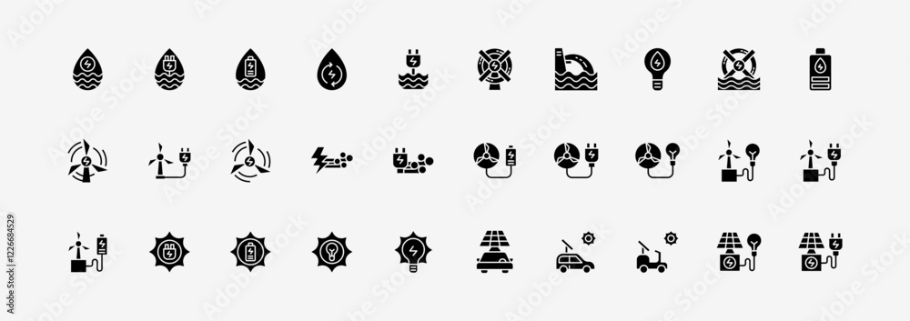 Obraz premium Renewable energy icon set glyph icon. Include solar panel, wind energy, water energy, recycle, innovation energy. Colourful gradient flat icon pack.