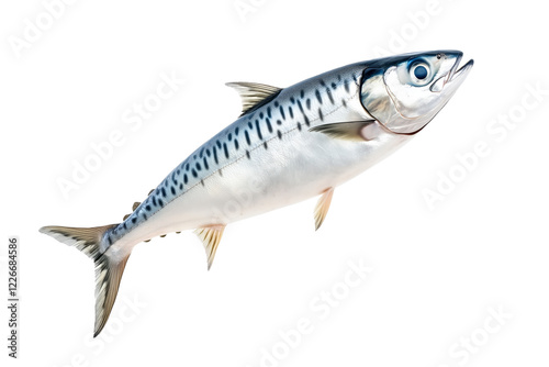 Fresh mackerel fish with detailed scales and fins isolated on white transparent background. Concept of seafood and marine life photo