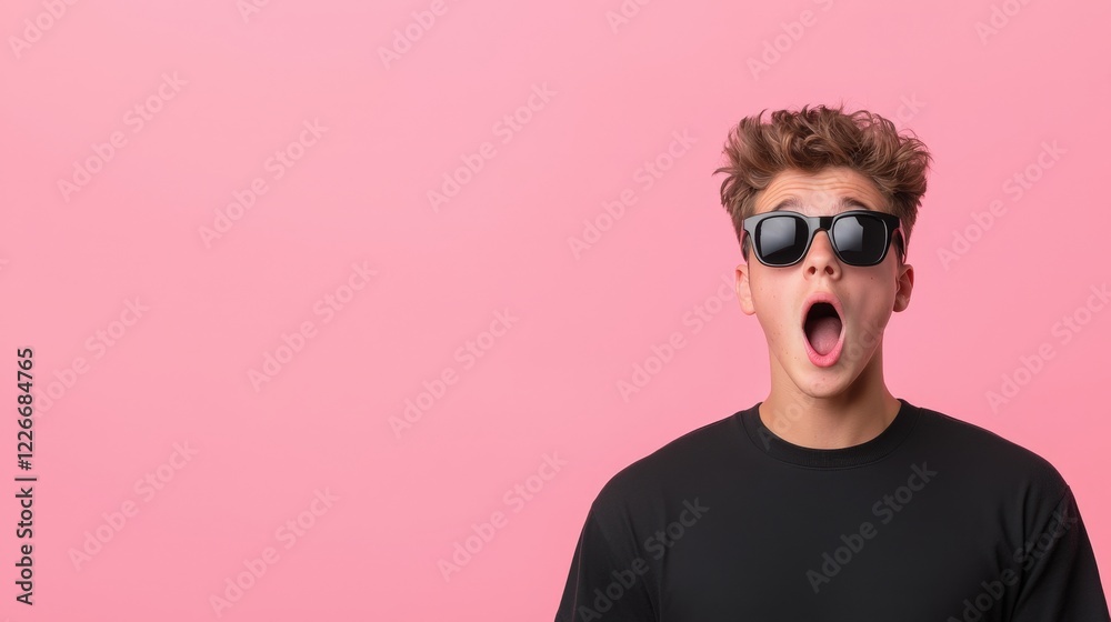 Fototapeta premium Young man wearing sunglasses with a neutral background showcasing modern casual style and confidence