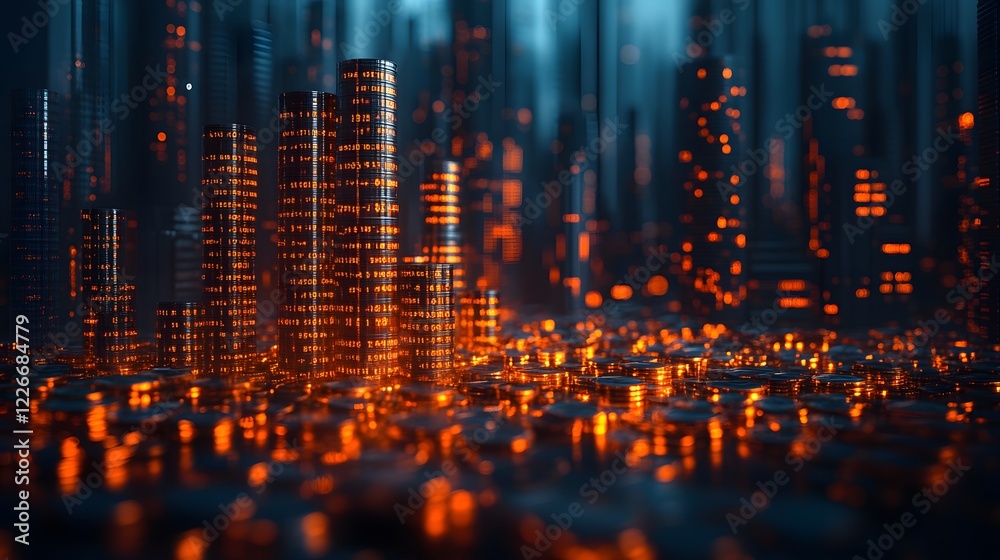 Fototapeta premium Stock market professionals below cascading coins, economic visual theme, 8K realistic picture, copy space