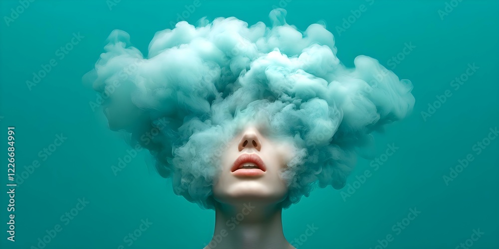 Fototapeta premium A surreal image of a person with a cloud-like formation as hair against a turquoise background. Concept Surreal Art, Cloud Hair Concept, Turquoise Background, Fantasy Portrait, Dreamlike Imagery