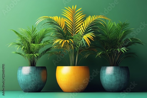 3D render of three potted plants, featuring a blue and yellow palm tree with long leaves in the center, simple design, isometric view, green background, low poly. photo