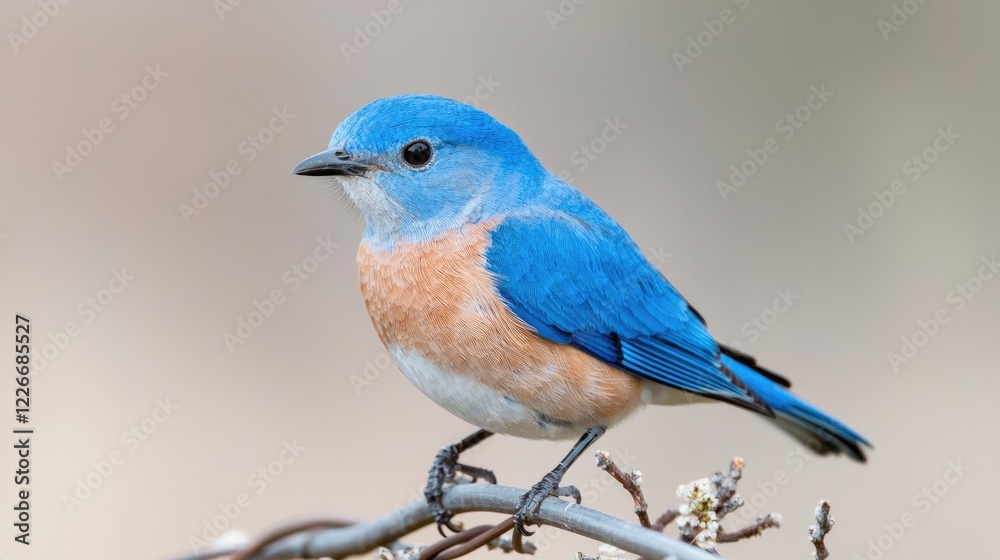 Fototapeta premium Western Bluebird perched on branch, spring, nature background, wildlife photography for calendars