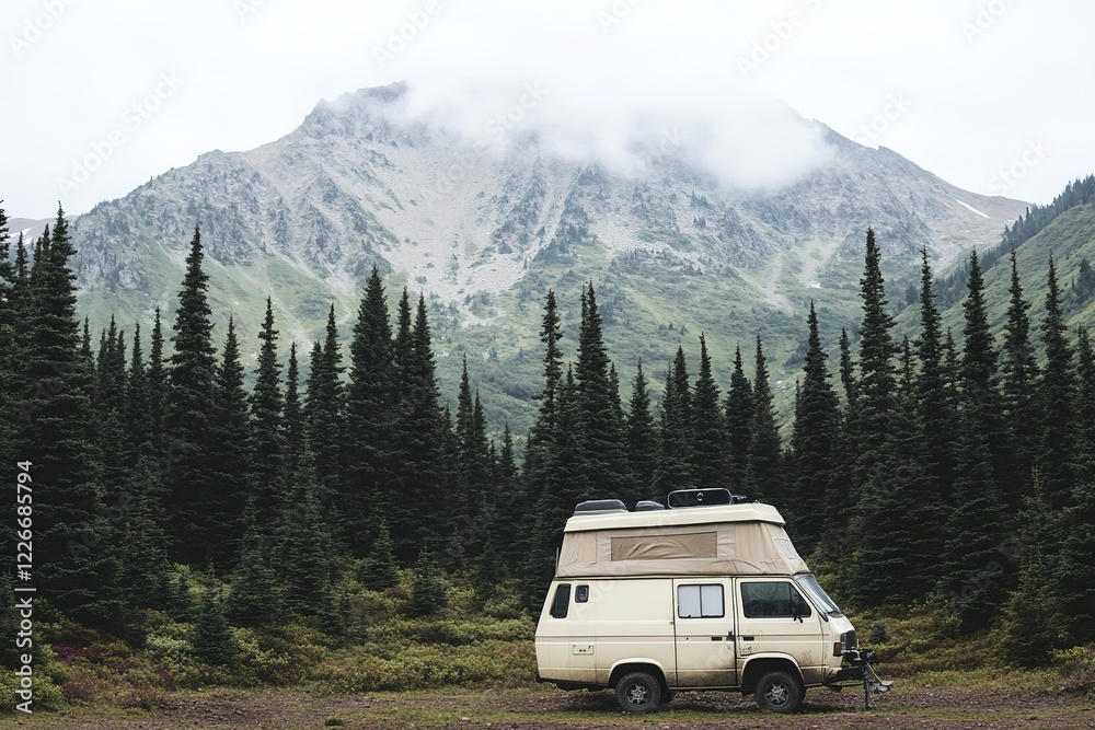 Van parked in wilderness with mountain backdrop Van parked in wilderness with mountain backdrop