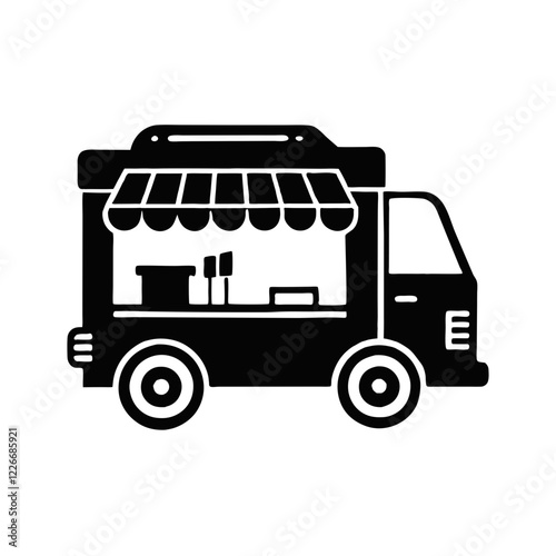 Black and white illustration of a food truck