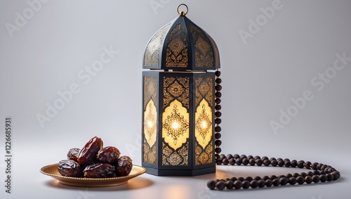Ramadan food and drinks concept. Ramadan Lantern with arabian lamp, wood rosary, dates fruit and lighting on white background