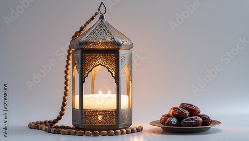 Ramadan food and drinks concept. Ramadan Lantern with arabian lamp, wood rosary, dates fruit and lighting on white background