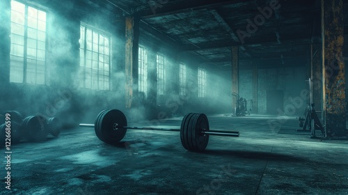 Abandoned gym; barbell rests; smoky, industrial warehouse; fitness imagery