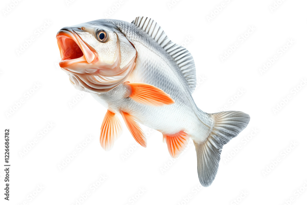 Fototapeta premium Golden Perch fish with open mouth, detailed fins and scales isolated on white transparent background. Concept of marine wildlife and fishing