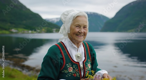 Elderly caucasian woman in traditional scandinavian attire by norwegian fjord