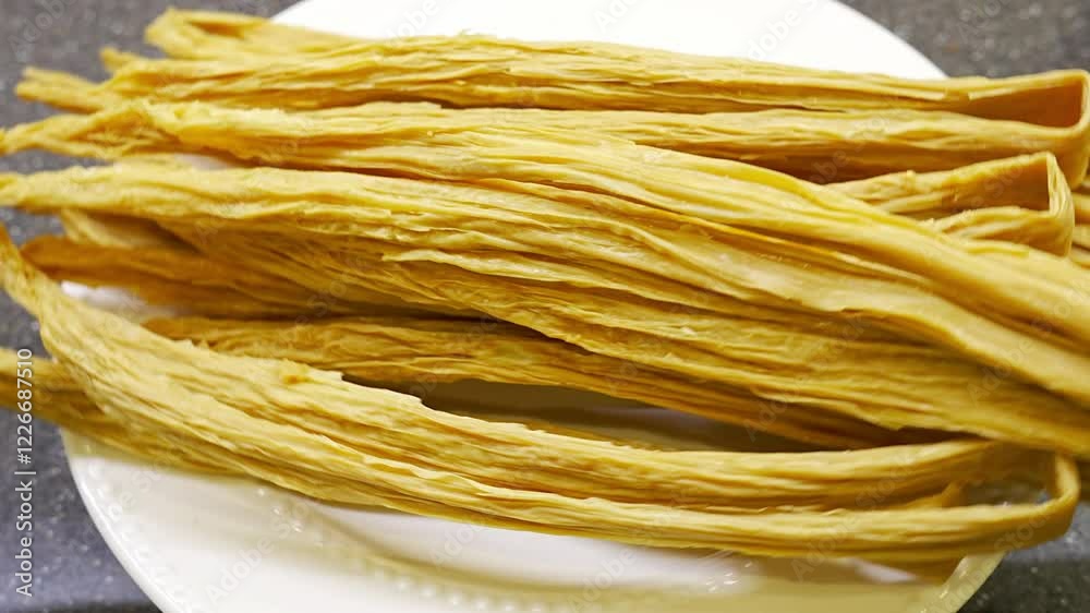 The dried semi-finished soy asparagus on a white plate. Fuzhu. soy milk foam formed during the boiling process of soybeans. rotation The dried semi-finished soy asparagus on a white plate. Fuzhu. soy milk foam formed during the boiling process of soybeans. rotation