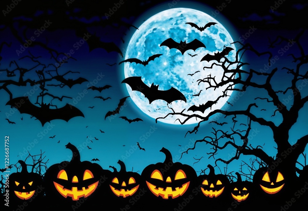 Spooky Halloween scene with carved pumpkins, bats, and a full moon in a dark sky Spooky Halloween scene with carved pumpkins, bats, and a full moon in a dark sky