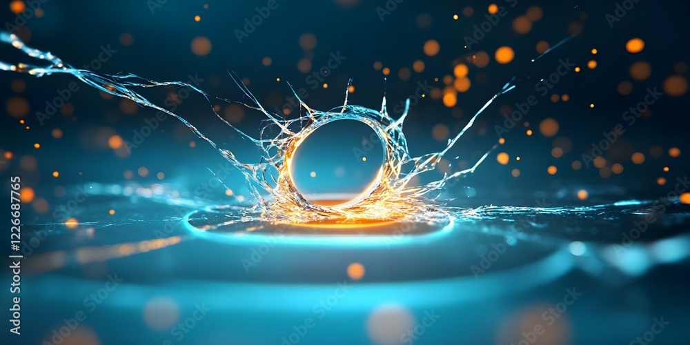 Obraz premium A circular splash effect with glowing, energetic particles in a dark blue background, creating a vibrant and dynamic visual. Concept Circular Splash Effect, Glowing Energetic Particles