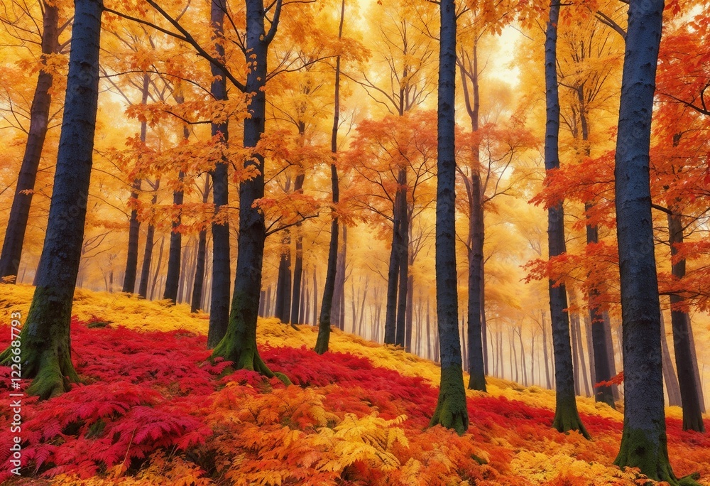 Fototapeta premium Misty autumn forest with vibrant orange and red foliage creating a colorful landscape