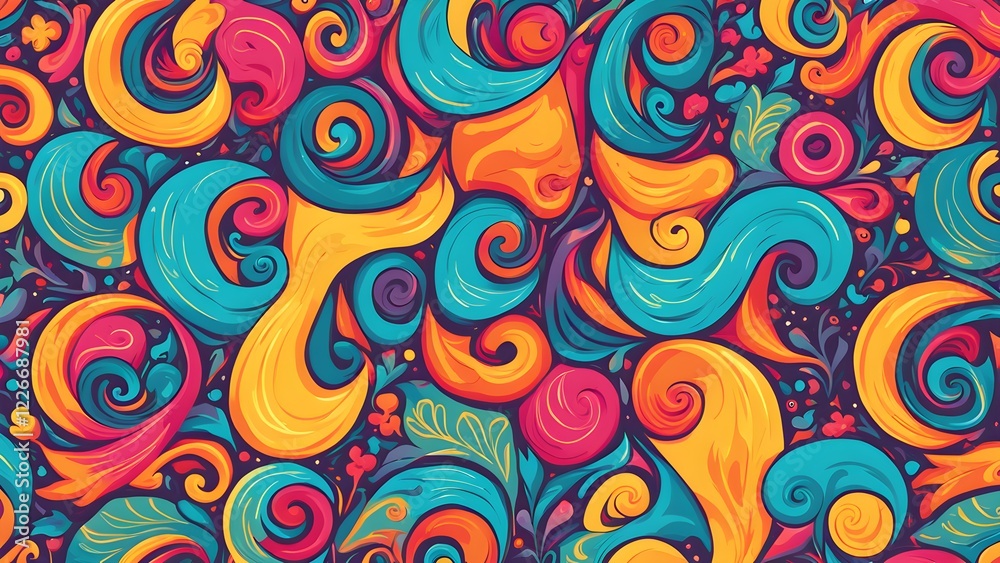 Vibrant seamless pattern with swirling abstract shapes in teal, orange, pink, and red on a dark background. Vibrant seamless pattern with swirling abstract shapes in teal, orange, pink, and red on a dark background.
