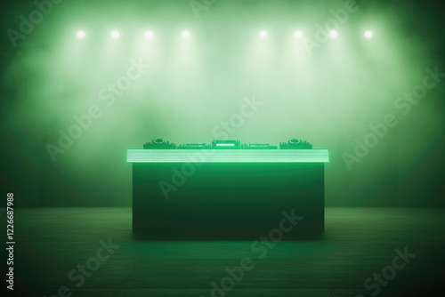 Illuminated DJ booth shrouded in green fog, creating an electrif