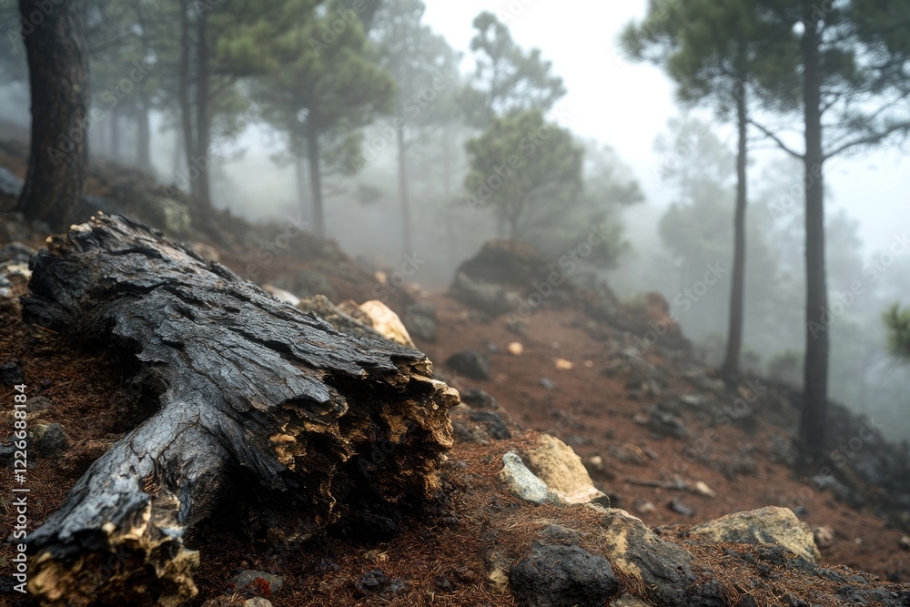 A large log is on the ground in a forest. The log is surrounded by rocks and dirt. The image has a moody and somber feel to it, as the log appears to be rotting and decaying