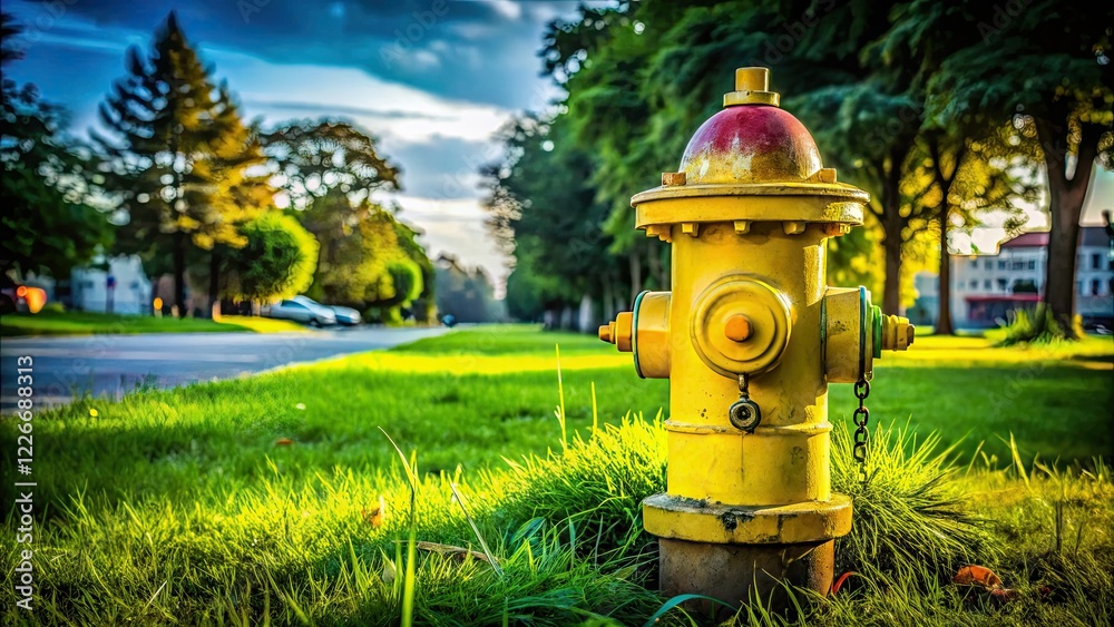 Abandoned Yellow Fire Hydrant, Eerie Grassy Landscape Abandoned Yellow Fire Hydrant, Eerie Grassy Landscape