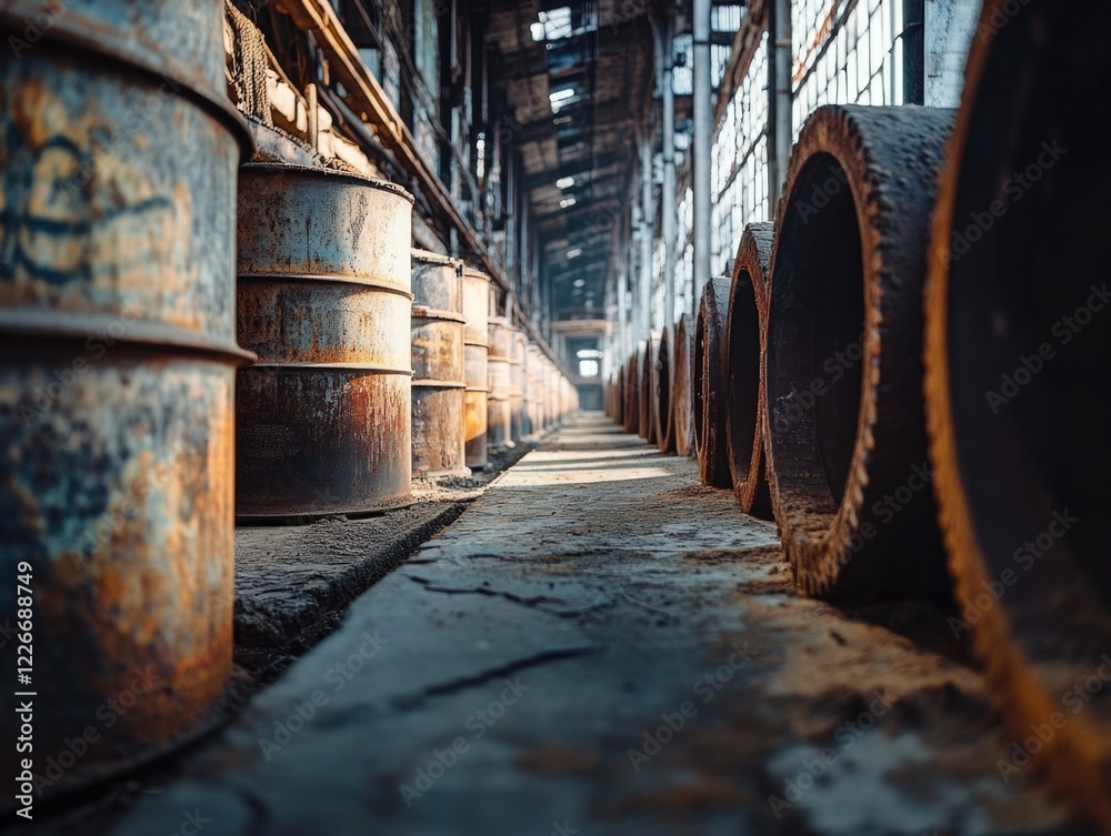 The interior of an abandoned factory, showing rusted metal machinery and conveyor belts on the dusty floor. The interior of an abandoned factory, showing rusted metal machinery and conveyor belts on the dusty floor.