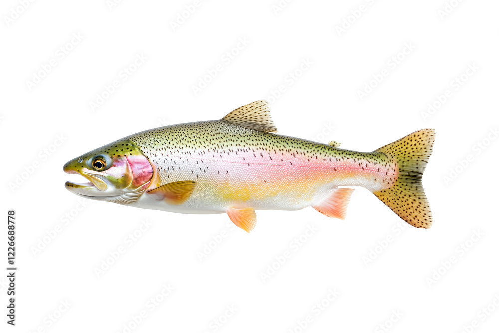 Fototapeta premium Closeup of a colorful rainbow trout fish with spotted scales, fins and open mouth isolated on white transparent background, concept of wildlife