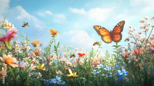 Vibrant Butterfly Among Colorful Flowers in Sunny Meadow Setting