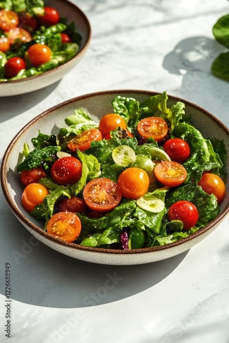 A vibrant mixed greens salad with fresh red and green tomatoes, served in a modern bowl on a textured surface.