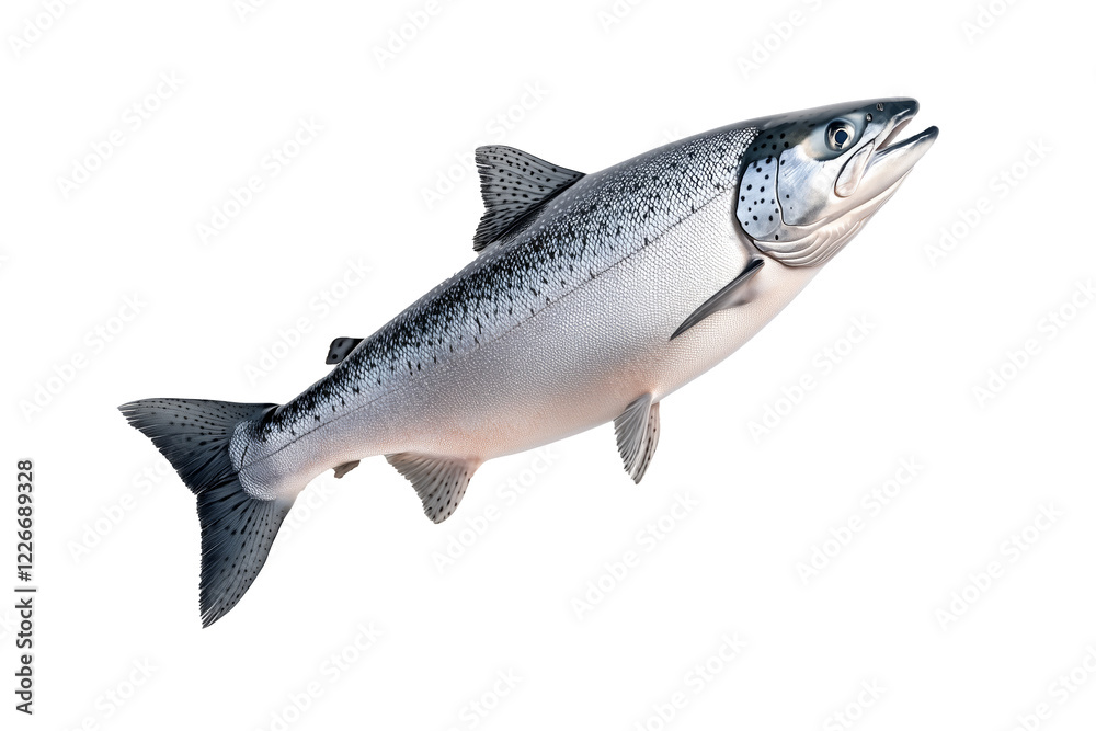 Naklejka premium Silver salmon fish with fine details, textured scales and fins isolated on white transparent background. Concept of aquatic life