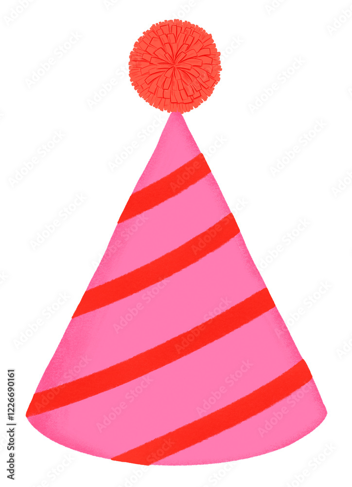Pink party hat with red stripes and a red pom-pom. Festive party hat, perfect for celebrations. Bright pink and red party hat for fun occasions. Festive party illustration isolated on white. Pink party hat with red stripes and a red pom-pom. Festive party hat, perfect for celebrations. Bright pink and red party hat for fun occasions. Festive party illustration isolated on white.