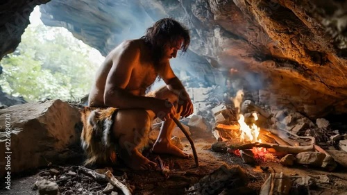 Primitive survival: displaying prehistoric life through the lens of primitive man, community, and the raw essence of early existence in a natural environment.