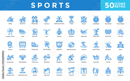 Sports icon set with sailing, equestrian, motorsports, formula 1, opening, ceremony, trophy, podium, gold medal, silver medal , bronze medal icon. Simple retro vector 
