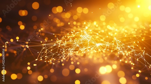 Abstract technology background featuring glowing golden network connections and bokeh effects. Represents digital innovation, artificial intelligence, data, and futuristic connectivity. Ideal for tech