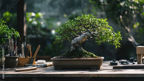 Scene of a bonsai tree care setup. Featuring bonsai tree, pruning tools, and a wooden pot. Highlighting the art of bonsai cultivation. Ideal for gardening and hobbyist blogs. photo